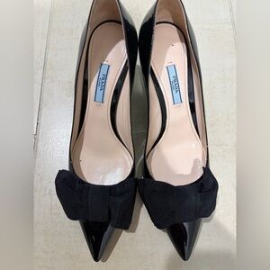 Authentic Prada Black Patent Leather Heels with Bow